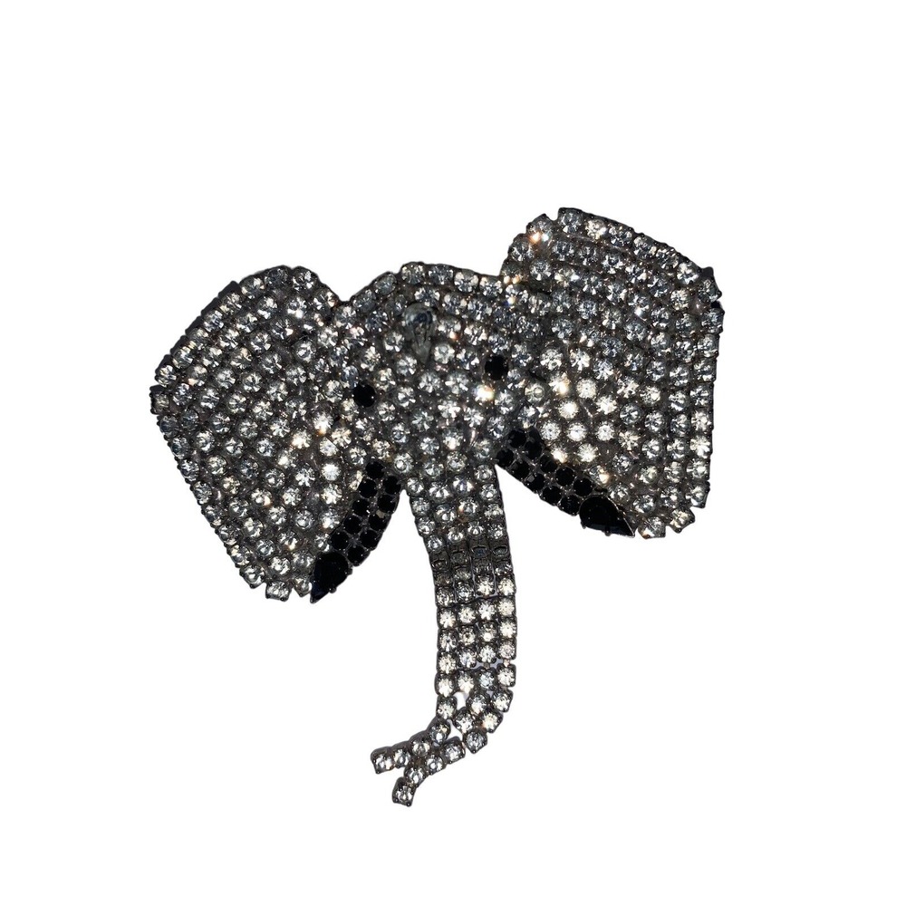 Rhinestone Elephant Brooch Pin Articulated Trunk Silver Tone Black‎ Tusks Nice